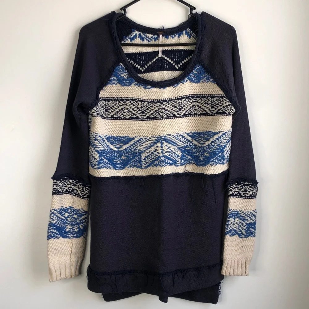 Free People Navy & Cream Patterned Sweater